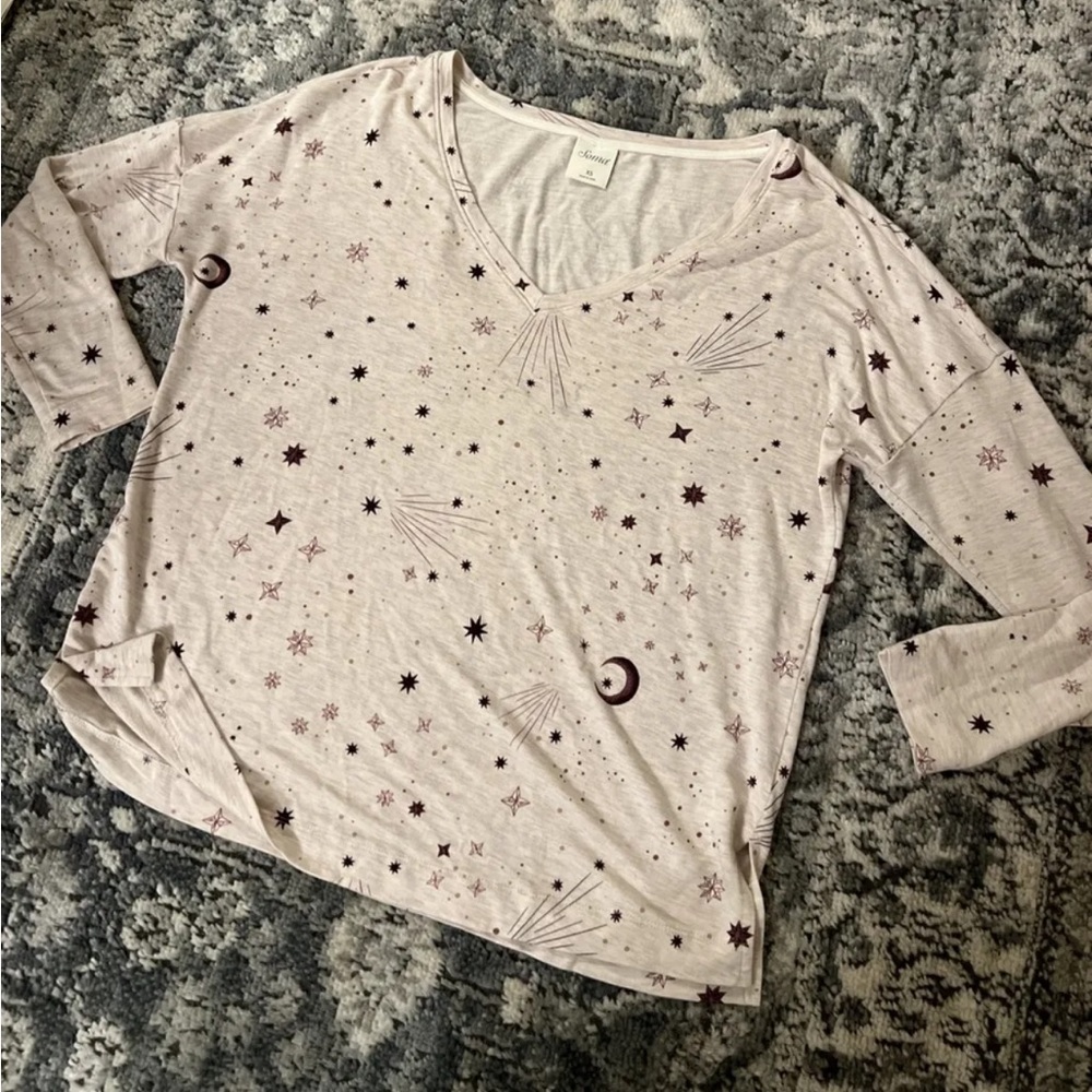 SOMA Pajama Sleep Top Shirt Lounge V-neck Celestial Moon Stars CREAM XS